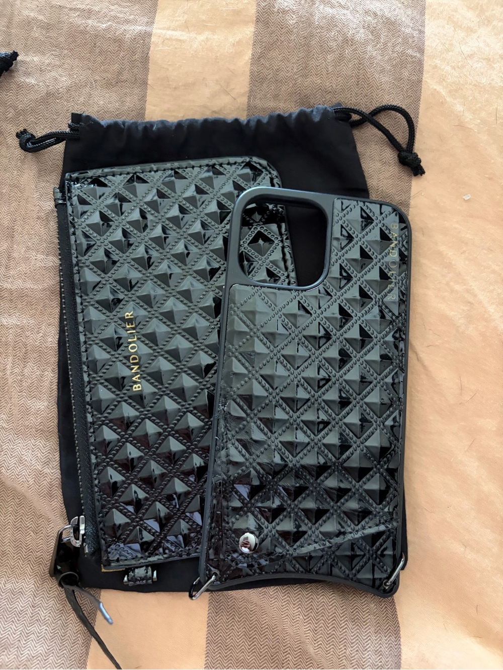 Bandolier Black Quilted Patent Leather Phone Wallet Case 13 Pro Max